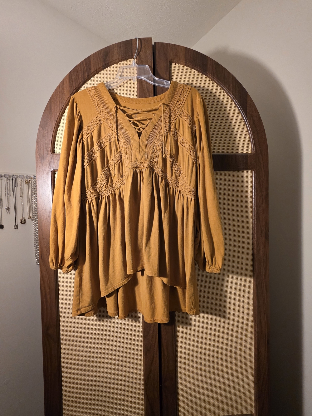 Roaman's Mustard Lace-Up Boho Tunic Top